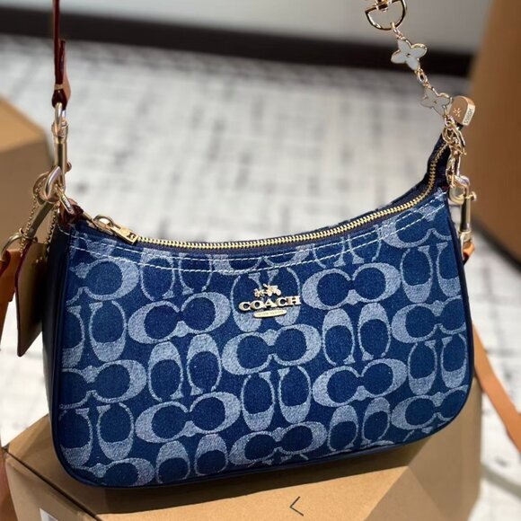 Denim Blue Shoulder Bag with Tan Strap - Picture 3 of 6